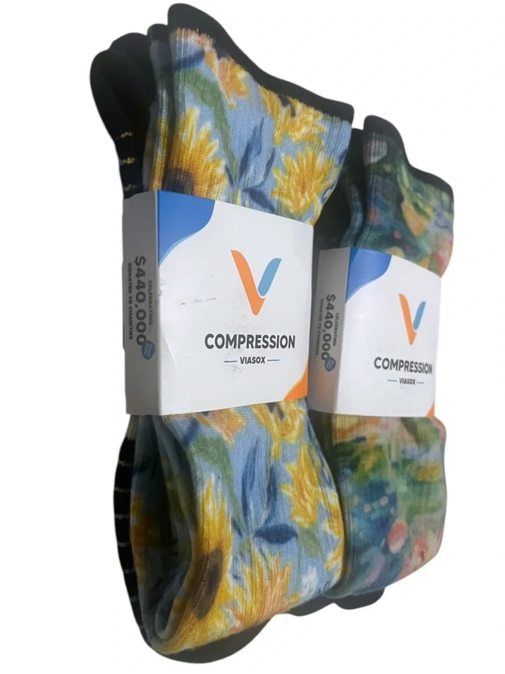 Women’s Floral Knee-High Sock Duo in Blue, Yellow & Pink Sz L/XL